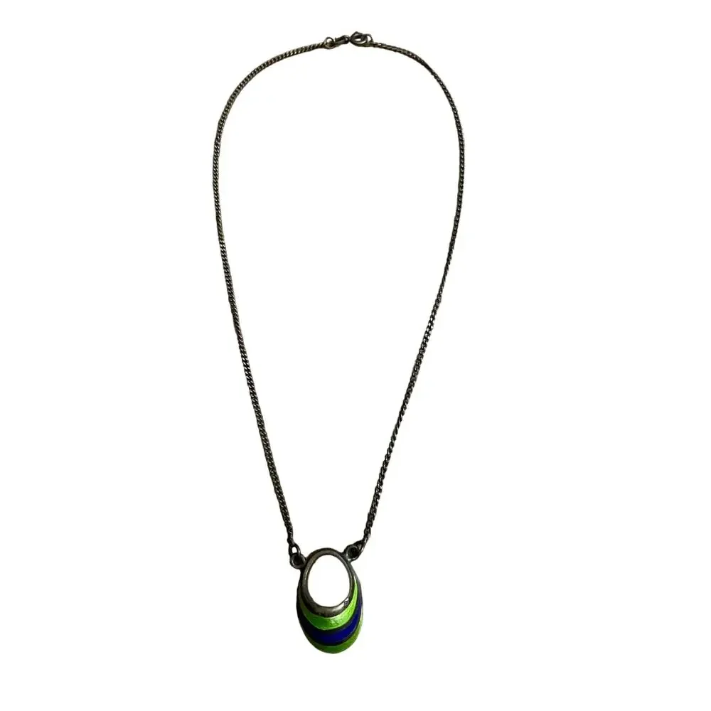 Art Deco Blue and Green Enamel Womens Necklace Sterling Dark Silver Vintage